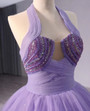 Purple Tulle Halter Pleats Beading Prom Dress