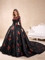 Black Ball Gown Sequins Long Sleeve Flower Prom Dress