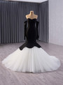 Sexy Black Mermaid White Tulle Long Sleeve Prom Dress