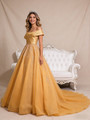 Gold Tulle Sequins Off the Shoulder Pleats Prom Dress