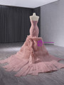 Pink Mermaid Tulle Appliques Strapless Pleats Prom Dress