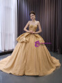 Gold Ball Gown Sequins Off the Shoulder Appliques Prom Dress