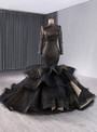 Black Mermaid Tulle Long Sleeve Pleats Prom Dress