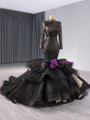 Black Mermaid Tulle Long Sleeve Pleats Prom Dress