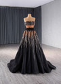 Black Tulle Strapless Pleats Beading Sequins Prom Dress