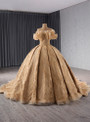 Champagne Ball Gown Tulle Sequins Off the Shoulder Prom Dress
