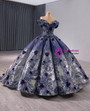 Navy Blue Sequins Appliques Off the Shoulder Prom Dress