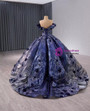 Navy Blue Sequins Appliques Off the Shoulder Prom Dress