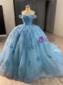 Blue Ball Gown Tulle Sequins Flower Prom Dress