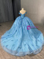 Blue Ball Gown Tulle Sequins Flower Prom Dress