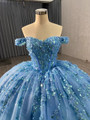 Blue Ball Gown Tulle Sequins Flower Prom Dress
