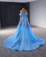 Blue Tulle Off the Shoulder Long Sleeve Sequins Beading Prom Dress