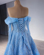 Blue Tulle Off the Shoulder Long Sleeve Sequins Beading Prom Dress
