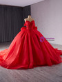 Red Ball Gown Tulle Strapless Pearls Prom Dress