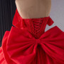 Red Ball Gown Tulle Strapless Pearls Prom Dress
