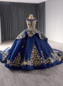 Navy Blue Ball Gown Tulle Sequins Cap Sleeve Prom Dress