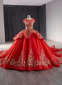 Red Ball Gown Tulle Sequins Cap Sleeve Prom Dress