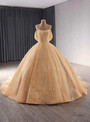 Champagne Tulle Sequins Beading Prom Dress