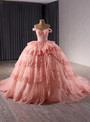 Pink Ball Gown Sequins Lace Tiers Prom Dress