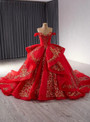 Red Ball Gown Tulle Sequins Off the Shoulder Prom Dress