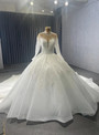 White Tulle Long Sleeve Appliques High Neck Wedding Dress 