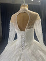 White Tulle Long Sleeve Appliques High Neck Wedding Dress 