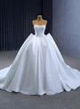 White Satin Strapless Lace Appliques Wedding Dress