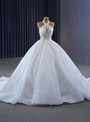 White Tulle Sequins Pearls Wedding Dress