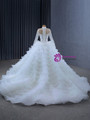 White Tulle Tiers Long Sleeve Beading Pearls Wedding Dress