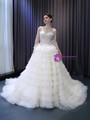 White Tulle Tiers Long Sleeve Beading Pearls Wedding Dress