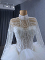 White Tulle Tiers Long Sleeve Beading Pearls Wedding Dress