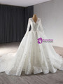 White Tulle V-neck Long Sleeve Lace Appliques Wedding Dress