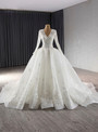 White Tulle V-neck Long Sleeve Lace Appliques Wedding Dress