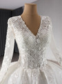 White Tulle V-neck Long Sleeve Lace Appliques Wedding Dress