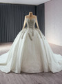 White Ball Gown Long Sleeve Crystal Wedding Dress
