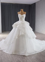 White Tulle Strapless Lace Appliques Wedding Dress