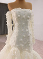 White Mermaid Tulle Long Sleeve 3D Appliques Wedding Dress