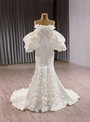 White Mermaid Satin Strapless Puff Sleeve Flower Wedding Dress