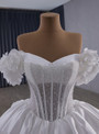 White Satin Off the Shoulder 3D Flower Wedding Dress