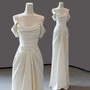 Ivory Satin Off the Shoulder Pleats Wedding Dress