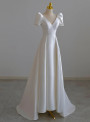 Ivory White Satin V-neck Short Sleeve Wedding Dress