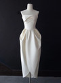 White Satin Strapless Pleats Short Wedding Dress