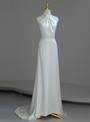 White Satin Halter Pleats Wedding Dress