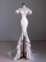 Sexy White Mermaid Hi Lo Satin Beading Wedding Dress
