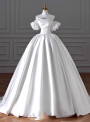 White Satin Puff Sleeve Beading Strapless Wedding Dress