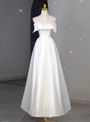 White Satin Spaghetti Straps Pearls Wedding Dress