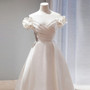 White Satin Off the Shoulder Pleats Flower Wedding Dress