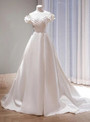 White Satin Off the Shoulder Pleats Flower Wedding Dress