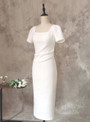 White Short Sleeve Pleats Wedding Dres