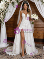 White Lace Spaghetti Straps Split Wedding Dress